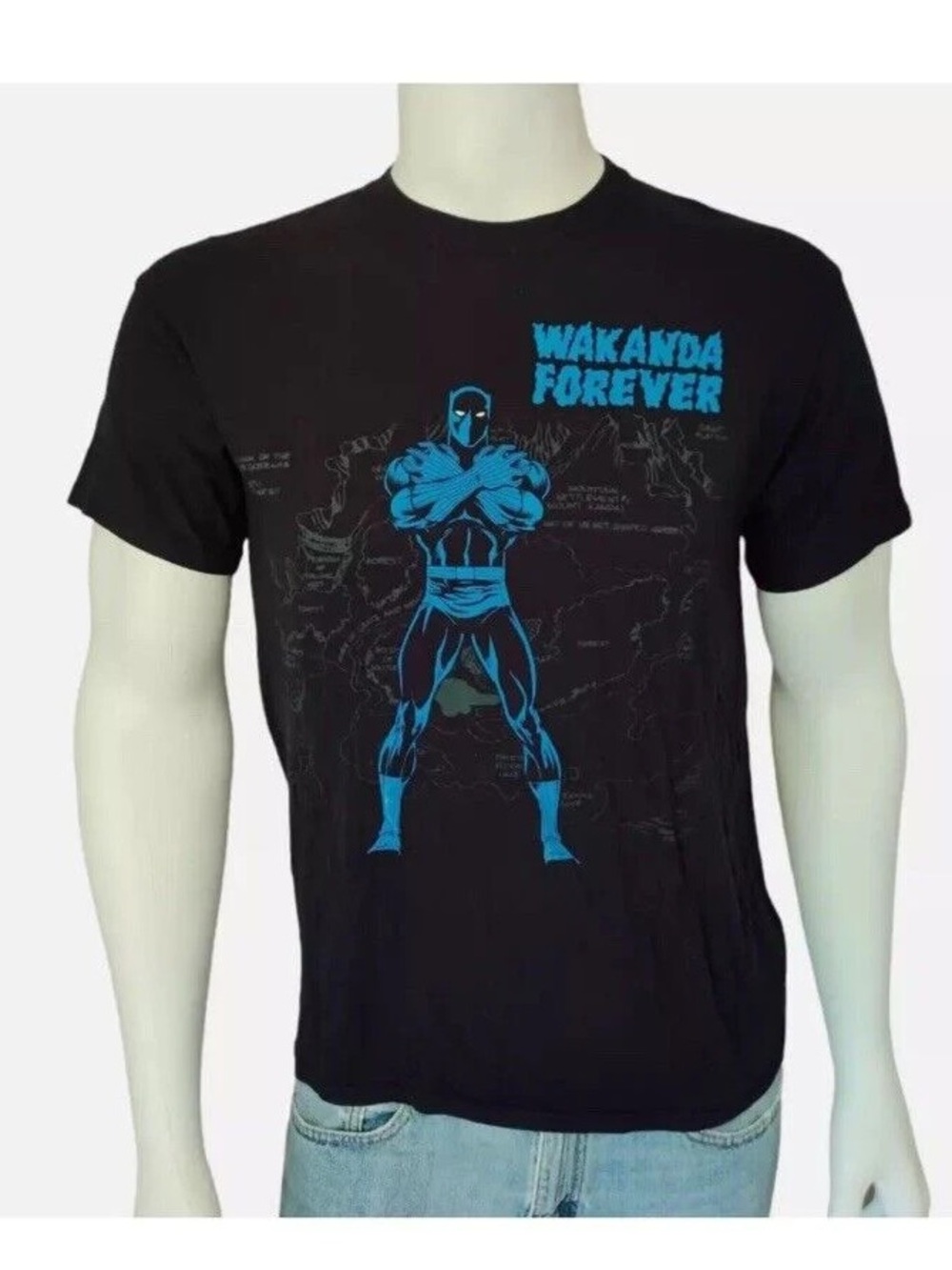 Black 'Wakanda Forever' Graphic T‑Shirt with Blue Print